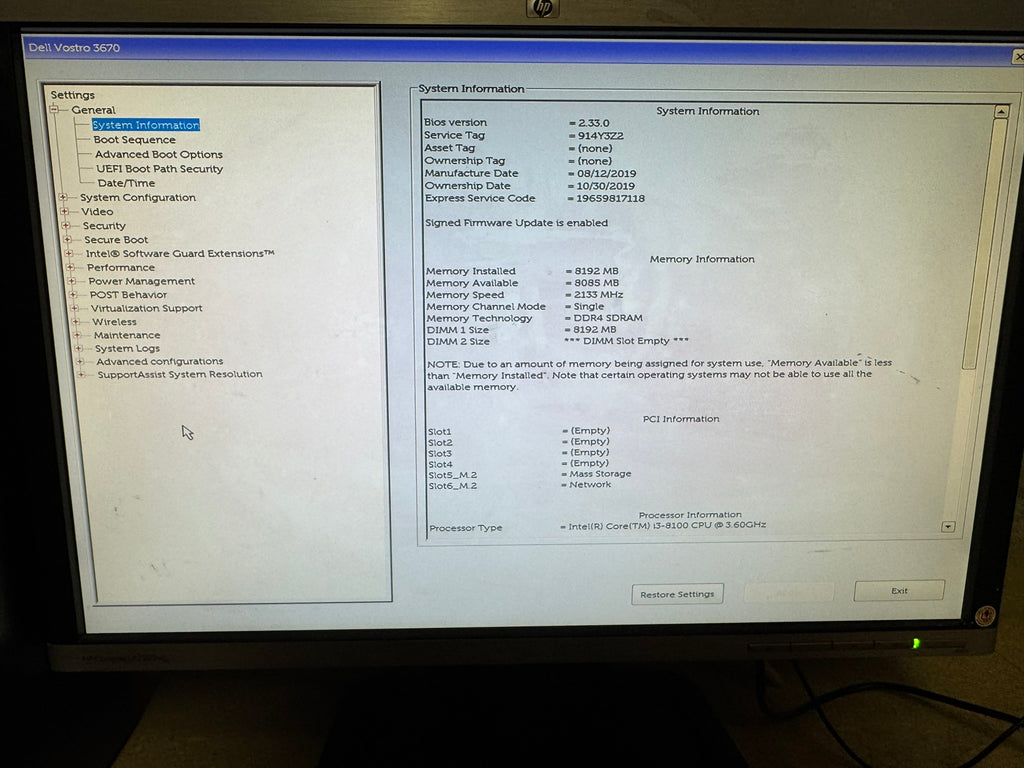 Dell Vostro 3670 Intel Core i3 8GB RAM