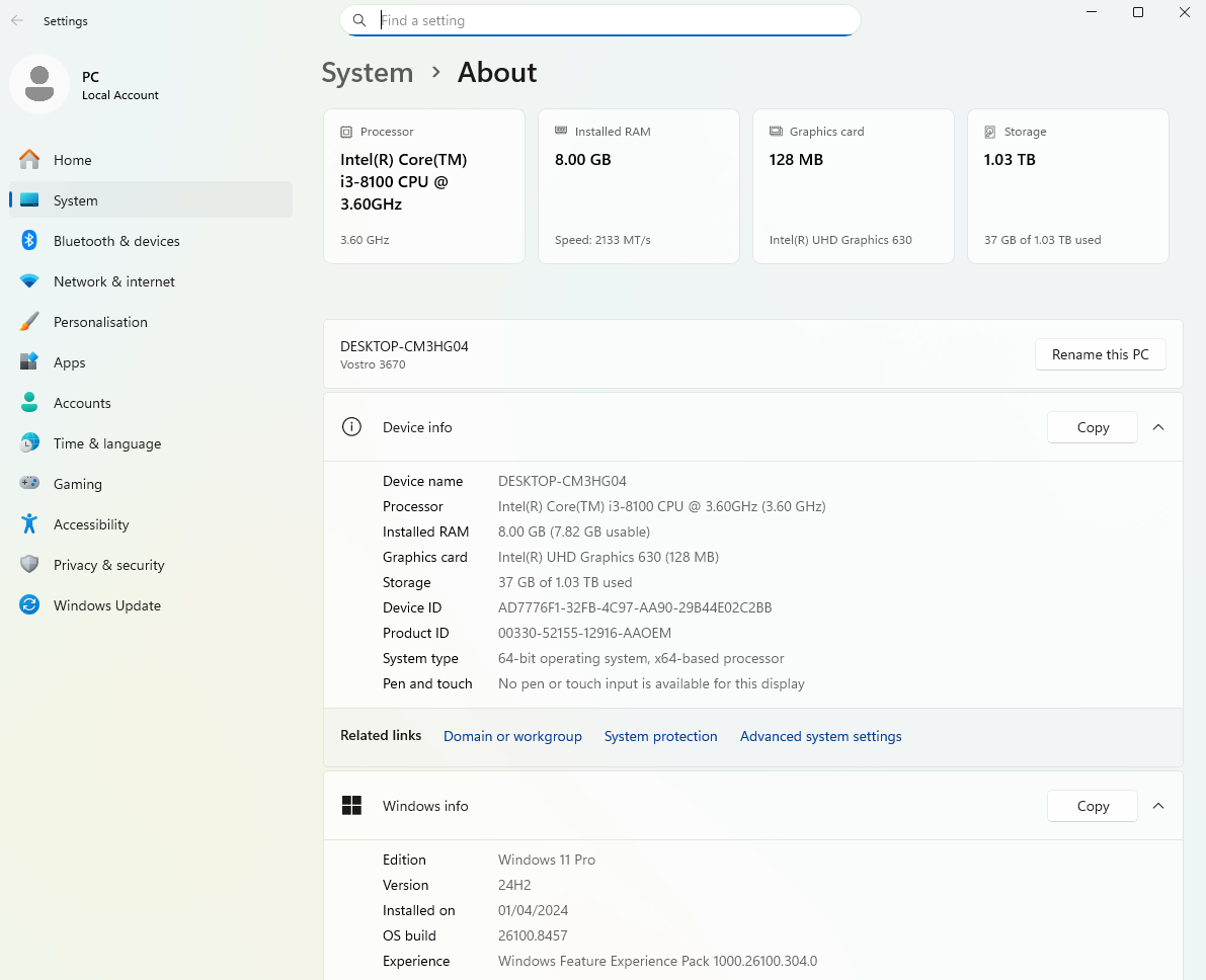 Dell Vostro 3670 Intel Core i3 8GB RAM